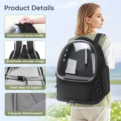 Breathable Cat Backpack Carrier, Large Space Cat Bubble Backpack for Kitty & Small Dog up to 18lbs, Foldable Cat Carrier Backpack, Transparent Airline Approved Carrier for Travel (Black) - color: Black