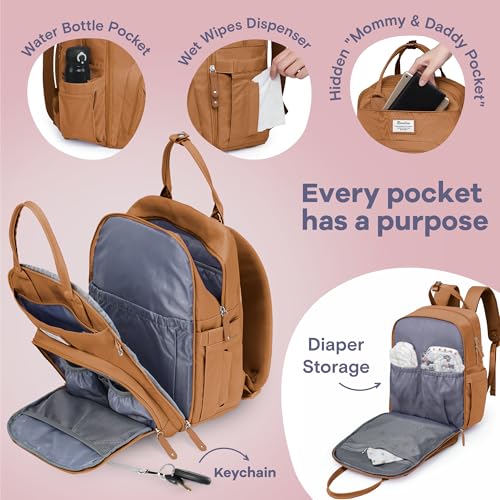 RUVALINO Diaper Bag Backpack-Multifunction Baby Travel Bag with Changing pad, Insulated Bottle Holders & Pacifier Case, Large Capacity, Waterproof, Dark Brown - color: Dark Brown