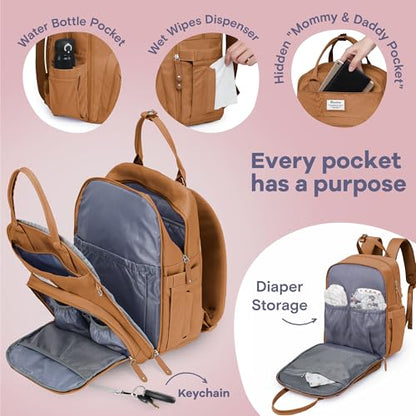RUVALINO Diaper Bag Backpack-Multifunction Baby Travel Bag with Changing pad, Insulated Bottle Holders & Pacifier Case, Large Capacity, Waterproof, Dark Brown - color: Dark Brown