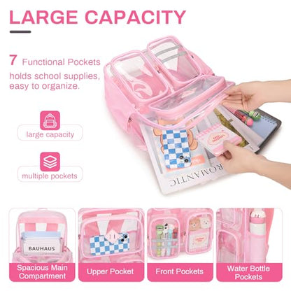 Clear Backpacks for School Heavy Duty Clear Bookbag Stadium Events Transparent Back Pack Kids, Pink - color: Pink