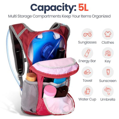 Shinylin 2 Pcs Kids Hydration Backpack with 1.5L Water Bladder Lightweight Kids Hiking Backpack Water Rucksack for Boys Girls Climbing Running - color: Rose Pink, Green, style: Classic