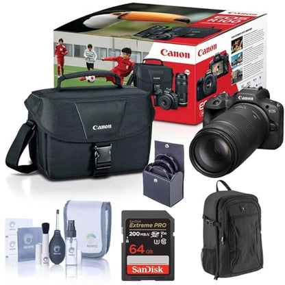 Canon EOS R100 Mirrorless Camera Bundle with Double Zoom Lens RF-S 18-45mm and RF 75-300mm Telephoto Lens, 64GB SDXC Card, Camera Backpack, Filter Kit, Cleaning Kit & Canon Shoulder Bag
