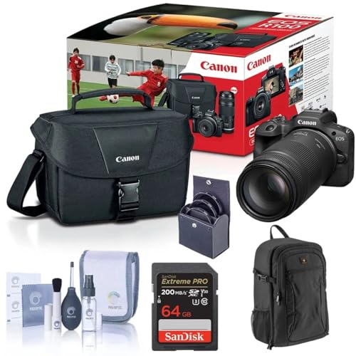 Canon EOS R100 Mirrorless Camera Bundle with Double Zoom Lens RF-S 18-45mm and RF 75-300mm Telephoto Lens, 64GB SDXC Card, Camera Backpack, Filter Kit, Cleaning Kit & Canon Shoulder Bag