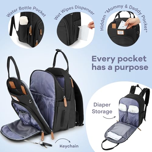 RUVALINO Diaper Bag Backpack-Expandable Baby Bag with up to 50% Capacity -Baby Essentials Bag with Changing Pad Insulated Bottle Holders & Pacifier Case, Waterproof, Black XL - color: Black