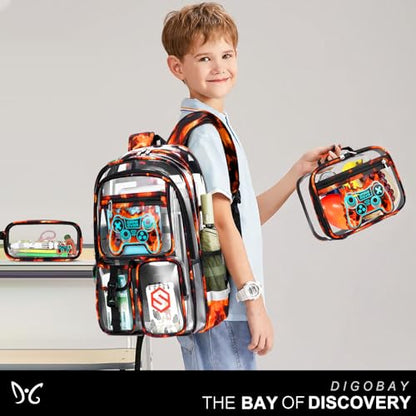 DIGOBAY 3PCS Cool Luminous Clear Backpack for Boys Kids, Gamer Clear Bookbag for School, See Through PVC Transparent Backpacks with Lunch Bag Pencil Case, Backpack Heavy Duty for School Stadium - color: Red Flame