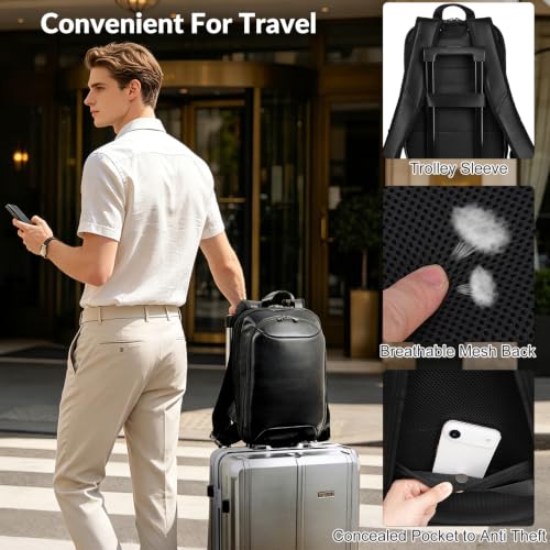 Masa Kawa Expandable Black Leather 16” Laptop Backpack for Men | Slim Waterproof Business Travel Work Computer Bag