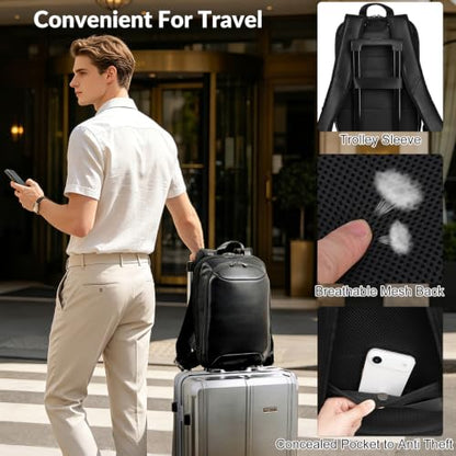 Masa Kawa Expandable Black Leather 16” Laptop Backpack for Men | Slim Waterproof Business Travel Work Computer Bag