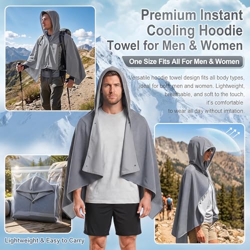 Cooling Hooded Beach Towel Cloak for Men Women - Double Layer PVA Fabric Cool Towel Cape, Instant Cooling Soft Ice Towelfor Beach Yoga Camping (Light Gray) - color: Light Gray