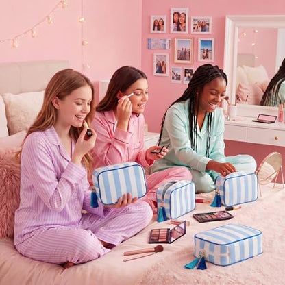 Kacctyen 6 Pack Baby Blue and White Striped Makeup Bag bulk with Tassel Travel Cosmetic Pouch Organizer Large Zipper Toiletry Case for Women Aesthetic Storage Pouch Mahjong Tile Bag - color: Baby Blue and White