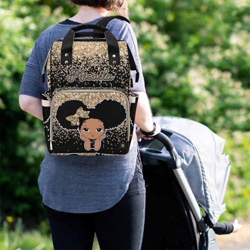 Newcos Personalized Golden Glitter Mommy Nursing Baby Bags Custom Afro Princess Diaper Bag Backpack with Name Customized Red Large Nappy Bags for Women - color: 230112-16