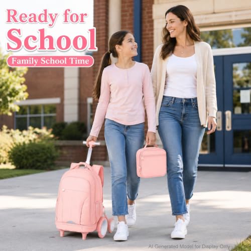 AGSDON Quiet Glide Rolling Backpack with Lunch Box Set - Large Wheel Water-Resistant Wheeled Bag for Business, Travel, and College | Blush Pink 3-in-1 Organizer Backpack - color: Reflective Pink - Rolling Backpack