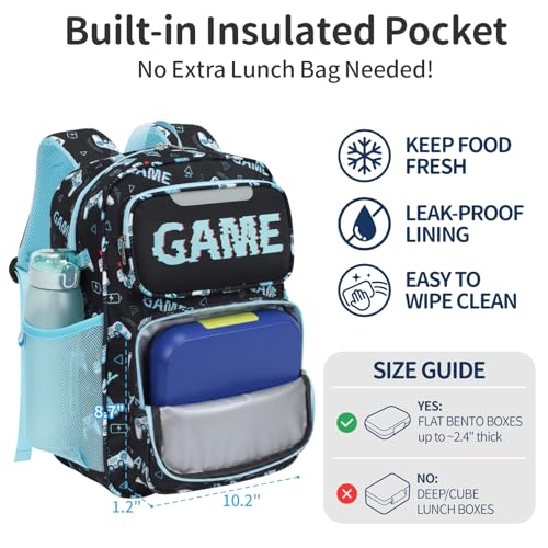 Kids Backpack for Boys - 17 Inch Insulated School Bag Ages 8-10 | Elementary Backpack for Grades 3-5, Fits Binder Laptop, Insulated Pocket, Reflective Strips, S-Curve Straps, Black Game - color: Black Game