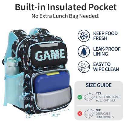 Kids Backpack for Boys - 17 Inch Insulated School Bag Ages 8-10 | Elementary Backpack for Grades 3-5, Fits Binder Laptop, Insulated Pocket, Reflective Strips, S-Curve Straps, Black Game - color: Black Game