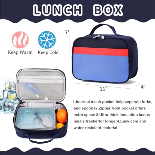 Backpack Set for Girls Boy Kids Backpack with Lunch Box for Elementary Primary Kindergarten School Bag (Navy Blue Set, Large) - color: Navy Blue
