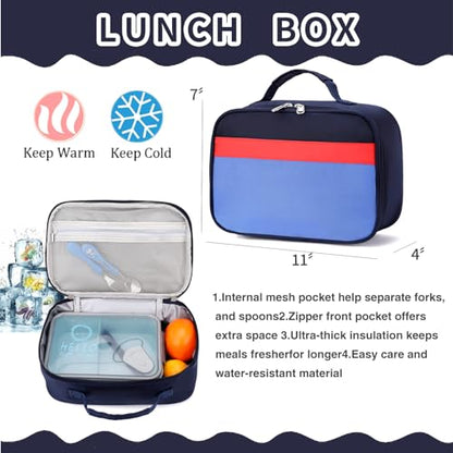 Backpack Set for Girls Boy Kids Backpack with Lunch Box for Elementary Primary Kindergarten School Bag (Navy Blue Set, Large) - color: Navy Blue