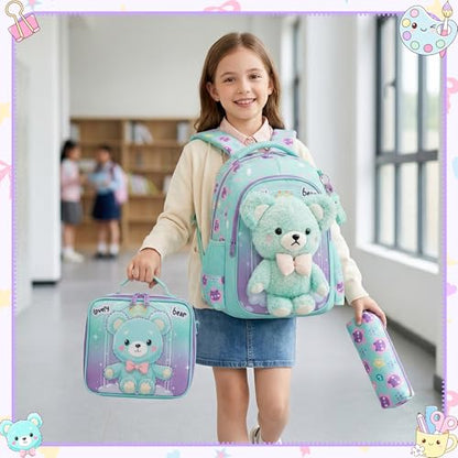 Meetbelify Kids School Backpacks for Girls Boys Backpack with Lunch Bag for Elmentary Students - color: 01 Bear Green