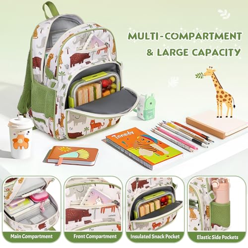 3PCS Boys Backpack Ages 5-8 with Lunch Bag & Pencil Case, Toddler School Backpack for Kids Boys - 15inch Backpack Boy Bookbag for Preschool Kindergarten Elementary School - color: Zoo