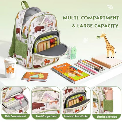 3PCS Boys Backpack Ages 5-8 with Lunch Bag & Pencil Case, Toddler School Backpack for Kids Boys - 15inch Backpack Boy Bookbag for Preschool Kindergarten Elementary School - color: Zoo