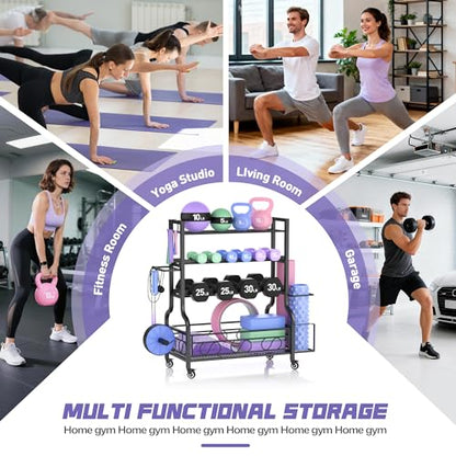 PARTPHONER Dumbbell Weight Rack, Home Gym Storage for Kettlebells Yoga Mat and Balls, All in One Workout Storage with Wheels and Hooks, Powder Coated Finish Steel - size: 39"(L)x15.8"(W)x39.8"(H)