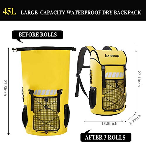 IDRYBAG Waterproof Backpack for Men 25L/45L, Dry Bags Kayak, Dry Backpack Camping Hiking - color: Yellow, size: 45L