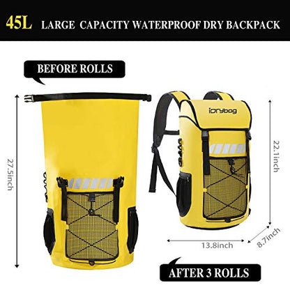 IDRYBAG Waterproof Backpack for Men 25L/45L, Dry Bags Kayak, Dry Backpack Camping Hiking - color: Yellow, size: 45L