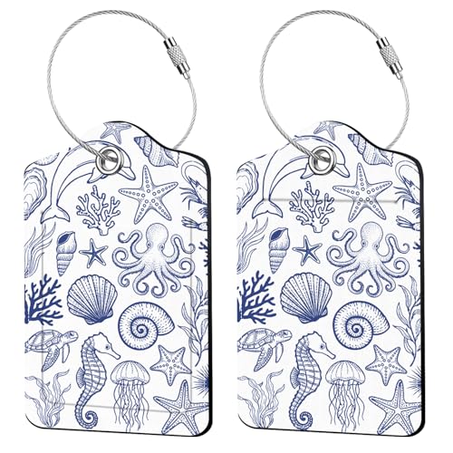 2 Pcs Ocean Sea Fish Luggage Tags for Suitcase, Leather Luggage Tags Funny, Privacy Cover ID Label with Stainless Steel Loop & Address Card, Ocean Sea Travel Bag Tag Luggage Accessories for Suitcases - color: Funny-sea-animals