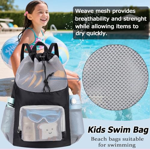 Swim Bag for Kids Mesh Beach Backpack for Boys Lightweight Drawstring Beach Bag Swimming Pool Sports Gym String Bag (Black) - color: Black