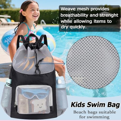 Swim Bag for Kids Mesh Beach Backpack for Boys Lightweight Drawstring Beach Bag Swimming Pool Sports Gym String Bag (Black) - color: Black