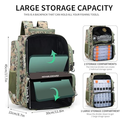 WANOON Fishing Backpack,Fishing Bag with Rod Holders. Large Ttackle Backpack Strong Materials,42L - color: Camouflage Black, size: 42L-Without Tackle Boxes