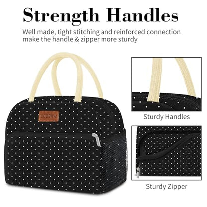 Coobiiya Lunch Bag Women,Lunch Box LunchBag for Women Adult Men, Small Leakproof Cute Lunch Tote Large Capacity Reusable Insulated Cooler Lunch Container for Work/Office/Picnic/Travel-Black Polka Dot - color: Dot