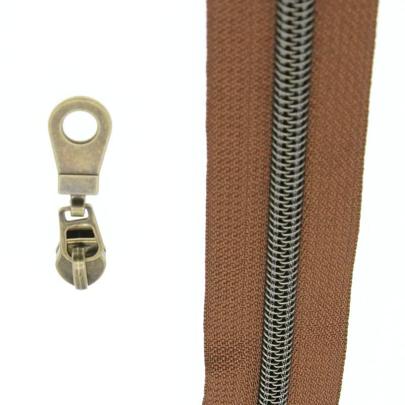 #5 Antique Brass Metallic Nylon Coil Zippers by The Yard Bulk Brown Zipper Tape 10 Yards with 25Pcs Pulls for DIY Sewing Craft Bags YIGUANXIN - color: Brown-Brass