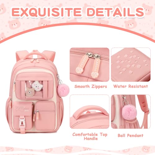 PIG PIG GIRL Kids Backpack for Girls School Bags for Middle School Students Book Bag for Elementary Primary Kawaii Ita Backpack, Pink and Beige - color: Pink and Beige