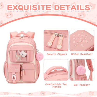 PIG PIG GIRL Kids Backpack for Girls School Bags for Middle School Students Book Bag for Elementary Primary Kawaii Ita Backpack, Pink and Beige - color: Pink and Beige
