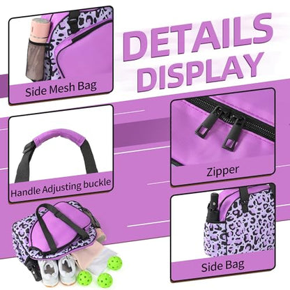 Boulder Bee Pickleball Bags, Premium Pickleball Tote Bag for Girls, Women’s Hand/Shoulder Gym Bag w Water Bottle Holder, with Pickleball Racquet/Paddle Holder - color: Leopard print-purple
