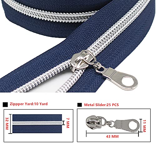 MebuZip #5 Silver Metallic Nylon Coil Zippers by The Yard Bulk Coil Zipper Roll 10 Yards with 25pcs Pulls for DIY Sewing Craft Bags (Navy Blue) - color: Silver Navy Blue
