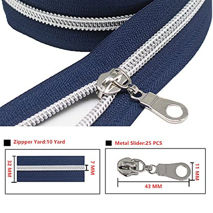 MebuZip #5 Silver Metallic Nylon Coil Zippers by The Yard Bulk Coil Zipper Roll 10 Yards with 25pcs Pulls for DIY Sewing Craft Bags (Navy Blue) - color: Silver Navy Blue