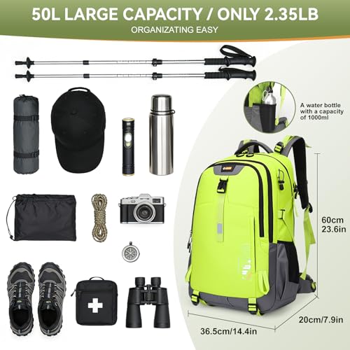 Hiking Backpack for Men Women, 50L Large Capacity Waterproof Mountaineering Backpack, Breathable Outdoor Daypack, Adjustable Trekking Rucksack for Camping Climbing Travel Climbing Travel - color: Green