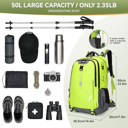 Hiking Backpack for Men Women, 50L Large Capacity Waterproof Mountaineering Backpack, Breathable Outdoor Daypack, Adjustable Trekking Rucksack for Camping Climbing Travel Climbing Travel - color: Green