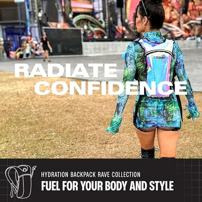 Sojourner Rave Hydration Pack - Hydration Backpack - Hydropack with 2L Bladder - Water Backpack for Festivals, Hiking, Running, Biking and More - color: Holographic - Blue