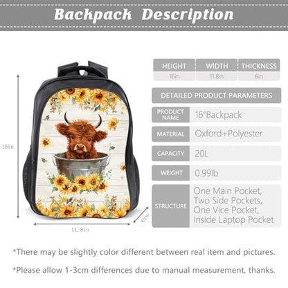 Highland Cow Backpack Sunflower Kids Bookbag 16inch Schoolbag With Lunch Box Bag And Pencil Case Set For Boys Girls - color: Highland Cow