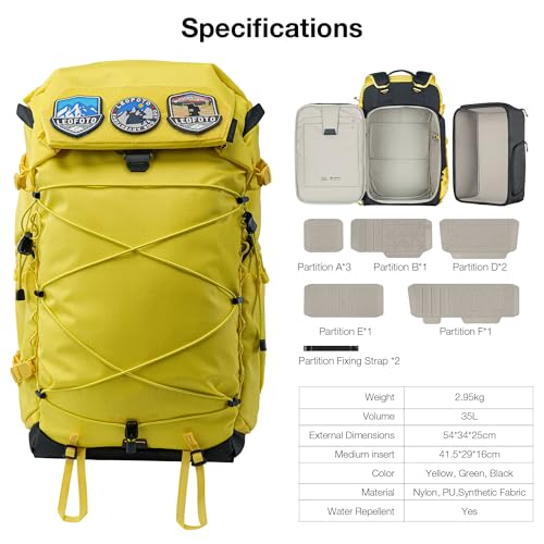 LEOFOTO 35L Camera Backpack for Photographer, Lightweight Waterproof Travel Camera Bag for Camera/Drone/15.6" Laptop, Photopraphy Bag with Side Access & Rain Cover, Tripod Compatible, 2.95KG (YELLOW) - color: 35l-bag+large Insert-yellow
