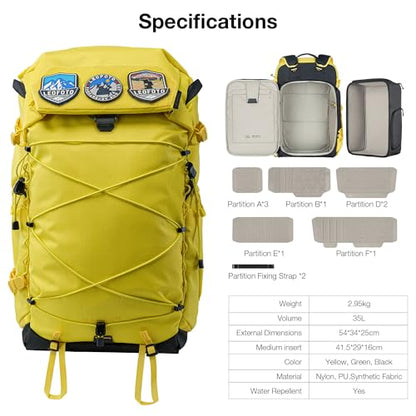 LEOFOTO 35L Camera Backpack for Photographer, Lightweight Waterproof Travel Camera Bag for Camera/Drone/15.6" Laptop, Photopraphy Bag with Side Access & Rain Cover, Tripod Compatible, 2.95KG (YELLOW) - color: 35l-bag+large Insert-yellow