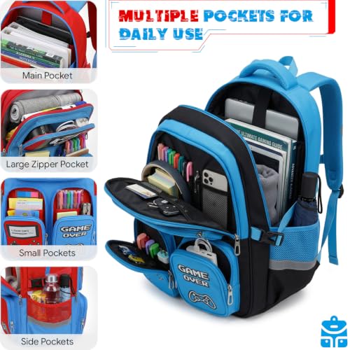 Boys Backpack, Luminous Gamer Backpack for Boys with Lunch Box,Pencil Case and Coin Puese,Kids Schoolbag Bookbag for Teen Boy Elementary Middle High School Travel (Black-Blue) - color: Black-blue