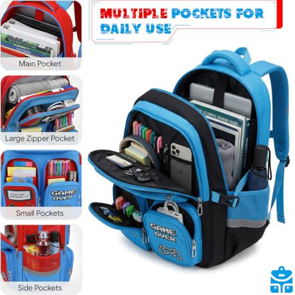 Boys Backpack, Luminous Gamer Backpack for Boys with Lunch Box,Pencil Case and Coin Puese,Kids Schoolbag Bookbag for Teen Boy Elementary Middle High School Travel (Black-Blue) - color: Black-blue