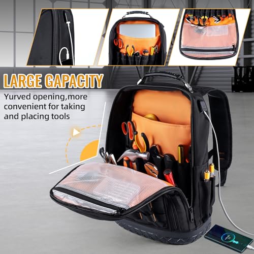 Tool Backpack Heavy Duty, Tool Bag Backpack for Men Waterproof Oxford Fabric with Plastic Base, 19IN Large Capacity with 44 Pockets, Padded Back & Straps for All Worksite Environments