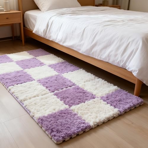 Thickened Plush Foam Interlocking Floor Carpet Mat,24 Piece 12x12in Fluffy Square Puzzle Foam Carpet Tiles with Edgings,Soft Anti-Slip Shaggy Area Rug Playmat(Color:Purple+White) - color: Purple+white