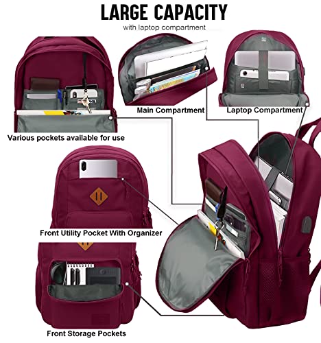 KEOFID Classic Anti-Theft Laptop Backpack for Men and Women, Burgundy, 17.3" x 12.6" x 7.2" - color: Burgundy, size: 17.3Inches