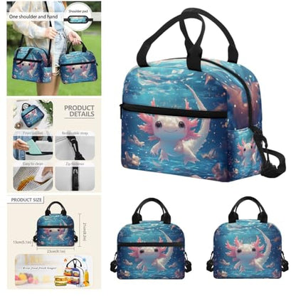 Cute Axolotl Backpack for Girls Kids Backpack with Lunch Box Water Bottle Holder and Big Pencil Pouch 4Pcs Set 17" Bookbag with Large Front Pocket for School Lightweight Elementary School Bag - color: Cute Axolotl