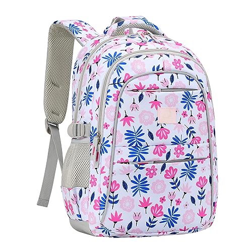 MYGOO Girls School Backpack Euclid Flower Pink Bookbag for Elementary Middle School Ages 5-12, 17 inch Large Capacity 24L Kids Student Travel Bags - color: Euclid Flower Pink