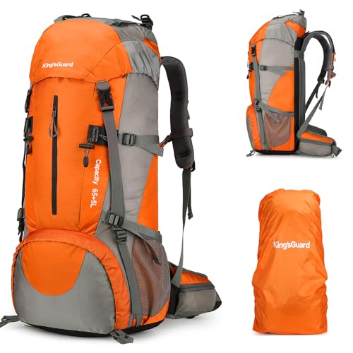 King'sGuard 70L Hiking Backpack with Rain Cover Lightweight Waterproof Travel Camping Backpack Large Backpacking Pack - color: Orange